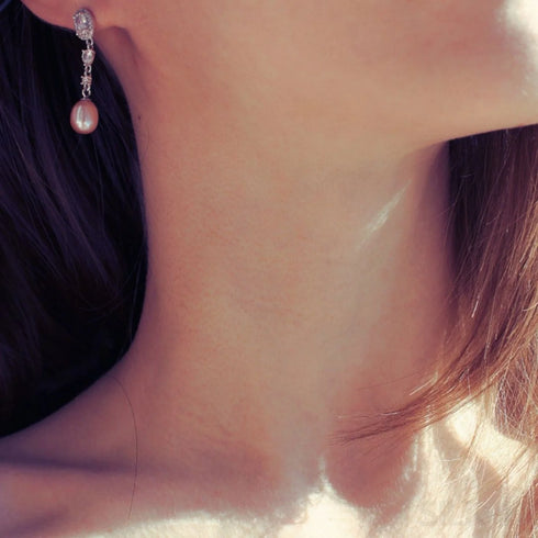 Oval Sterling Silver Long Pearl Earrings for Brides
